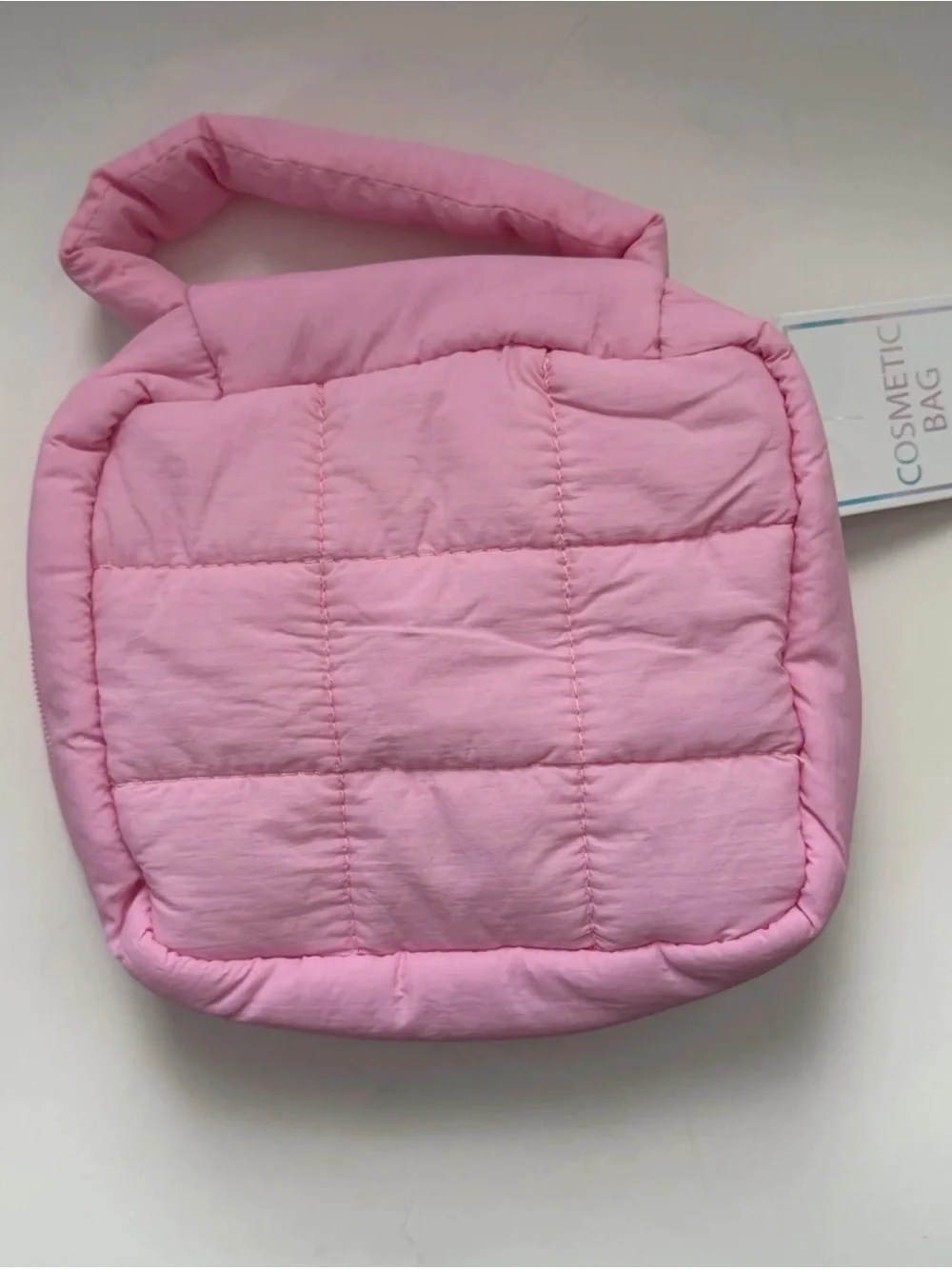 Pink Quilted Makeup Bag with Handle Polyester 8x8x3 in Cosmetic Organizer